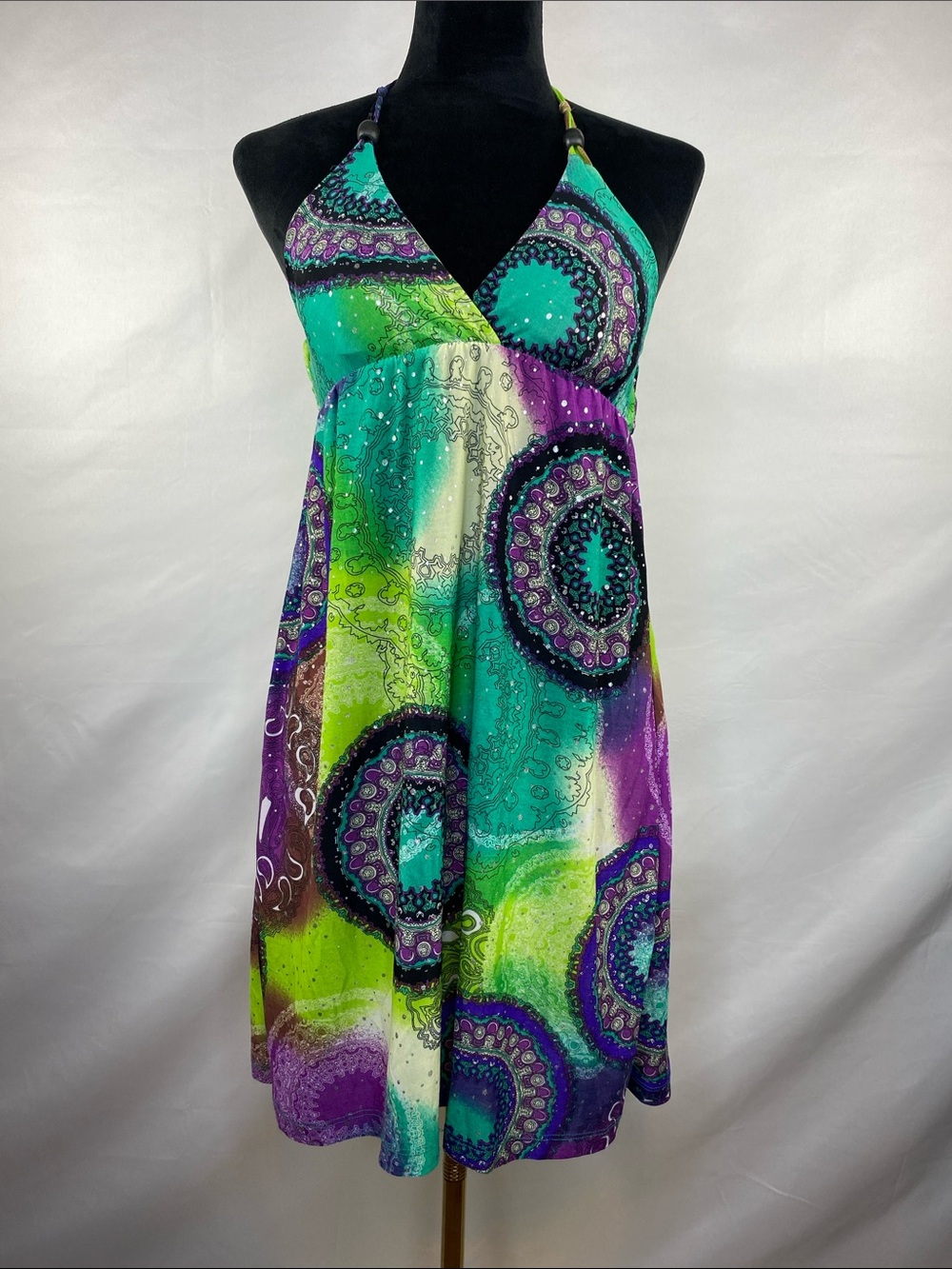 Christinalove Tie Dye Medallion Print Metallic Halter Mini Dress Size Medium